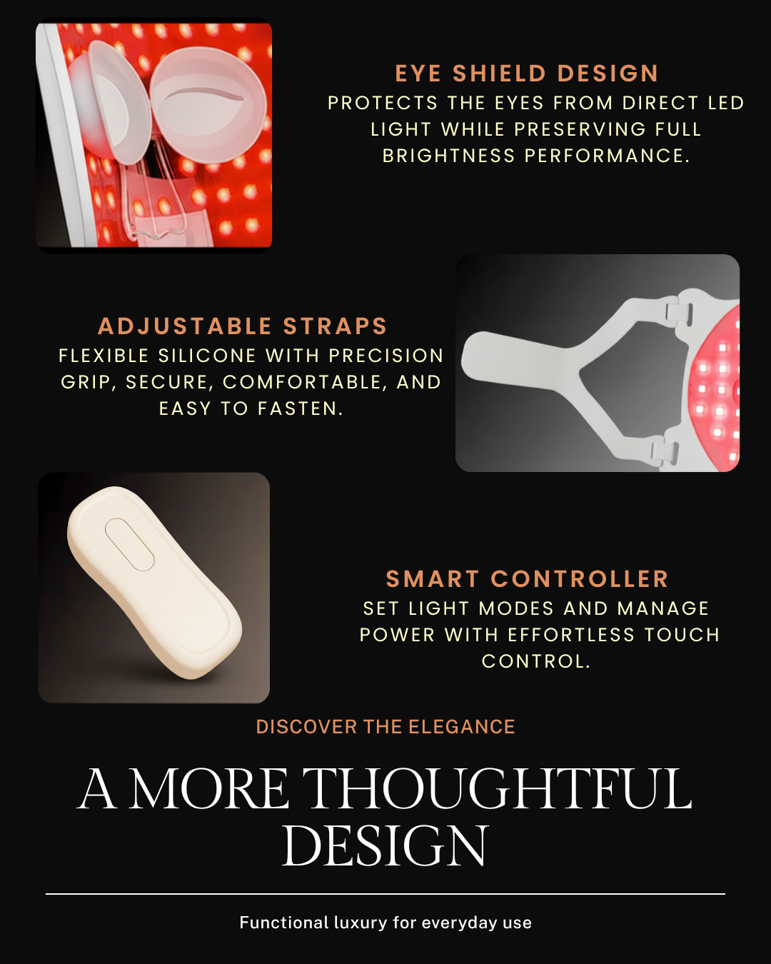 GlowWithin™ LED mask features and accessories infographic showing controller, fit details, and package items